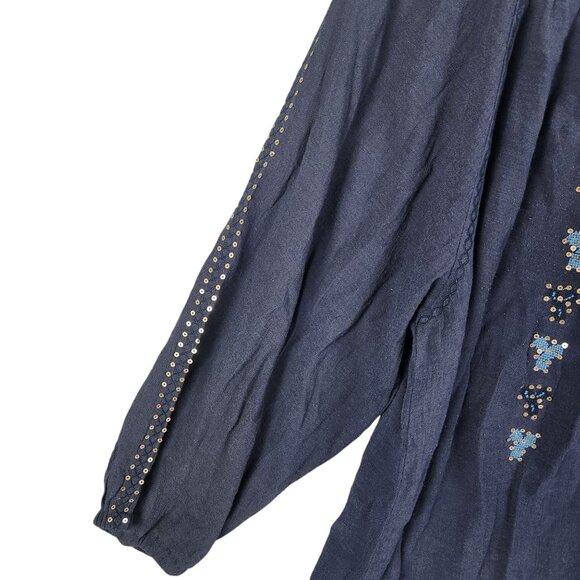 Cocomo Woman Navy Blue Embroidered Peasant Blouse 2X 3/4 Sleeves Gauze - Picture 5 of 5